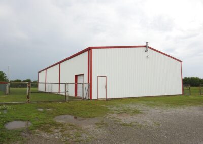 Metal School Building-Storage White-Red Corner View